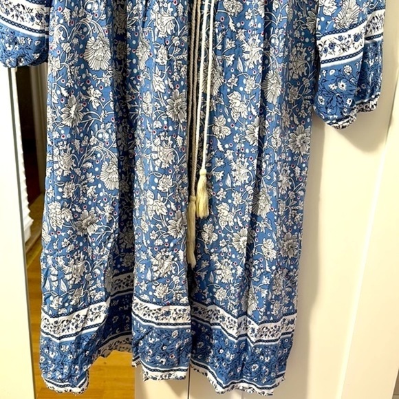 R. Vivimos Blue & White Floral Boho Print Long  Sleeve V Neck with Tassels Dress - Picture 6 of 12